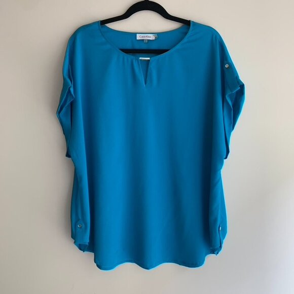 Calvin Klein Women's Draped Blouse Top Short Sleeve Blue Plus Size 1X - Picture 3 of 15